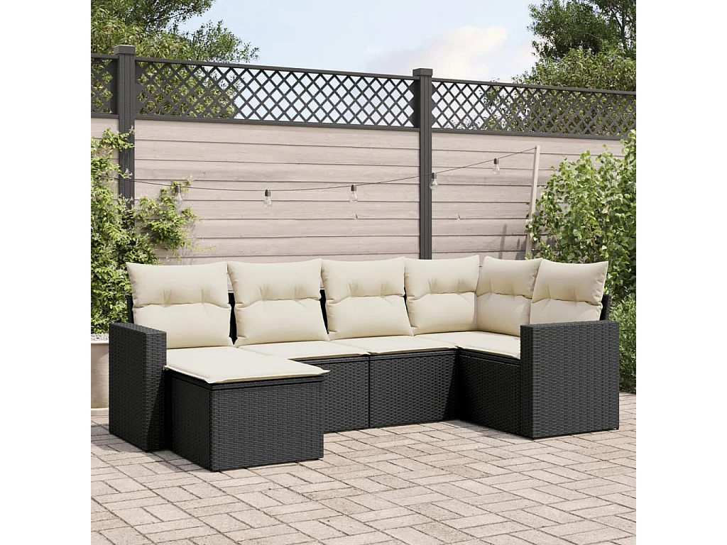 Salon de jardin 6 pcs avec coussins noir résine tressée