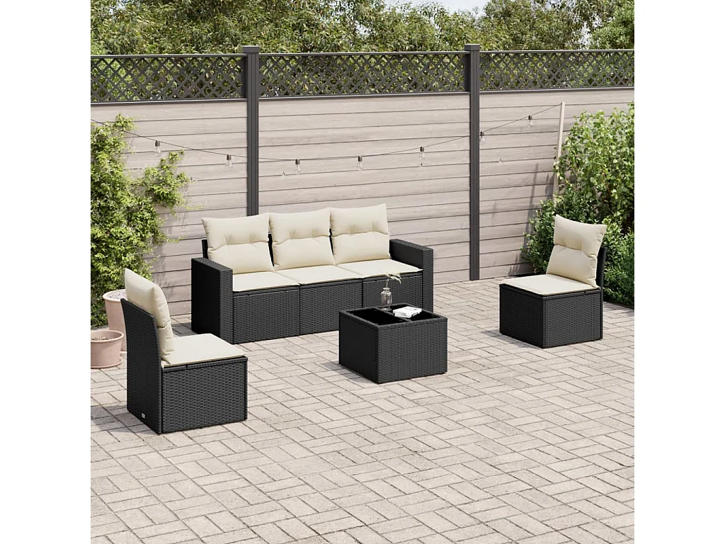 6-delige Loungeset met kussens poly rattan zwart