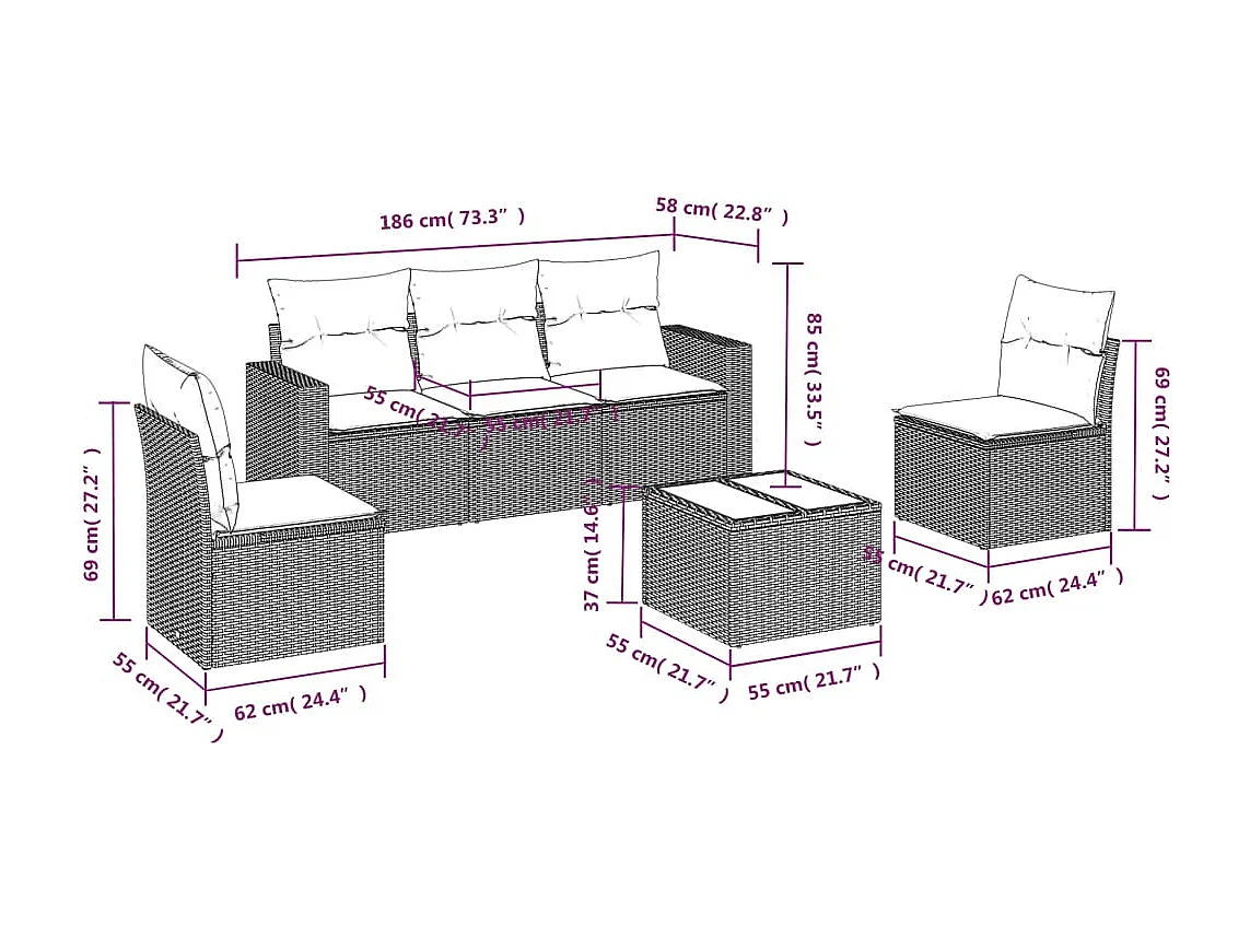 6-delige Loungeset met kussens poly rattan zwart