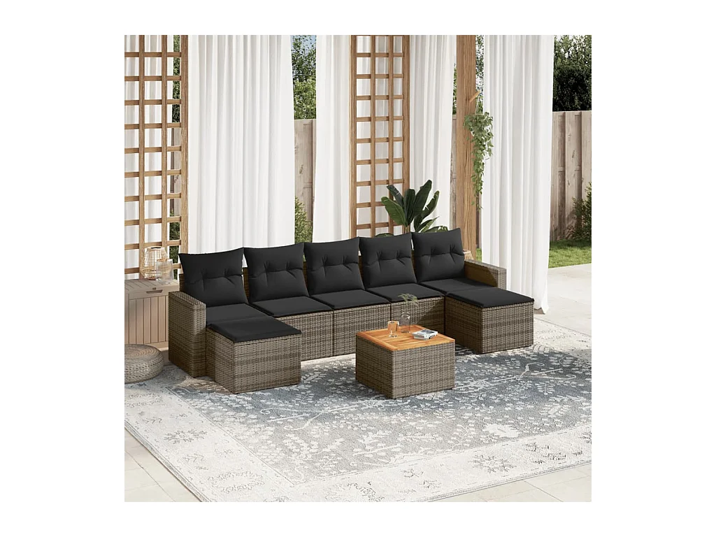 Salon de jardin 8 pcs avec coussins gris résine tressée