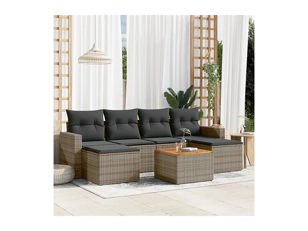 7-tlg. Garten-Sofagarnitur mit Kissen Grau Poly Rattan