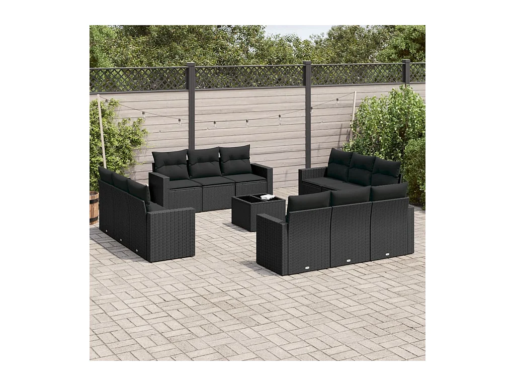 Salon de jardin avec coussins 13 pcs noir résine tressée