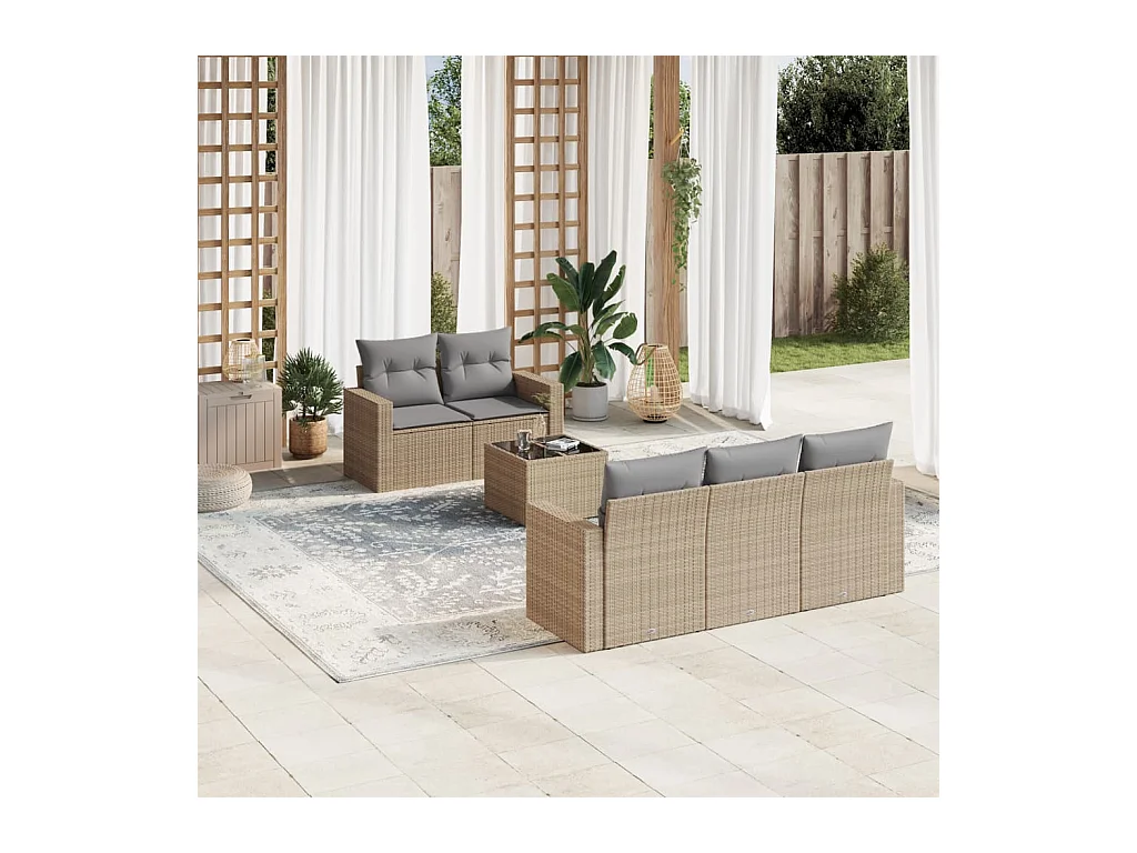 Set Divano da Giardino 6 pz con Cuscini Beige in Polyrattan