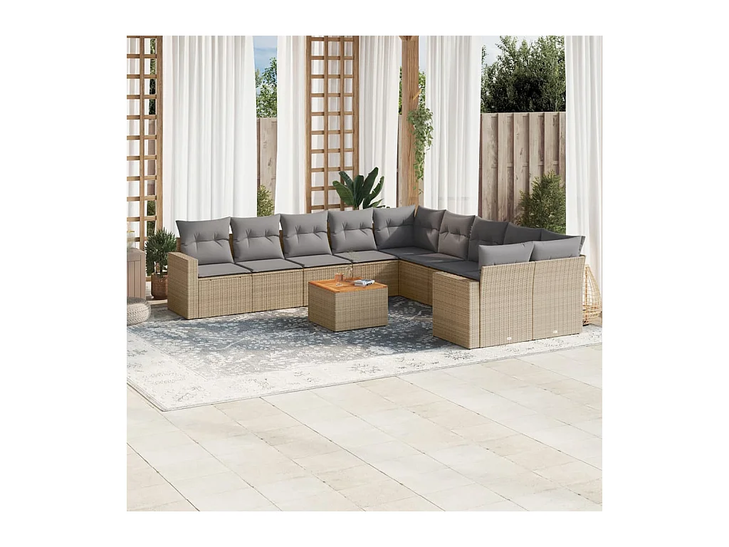 11-tlg. Garten-Sofagarnitur mit Kissen Beige Poly Rattan