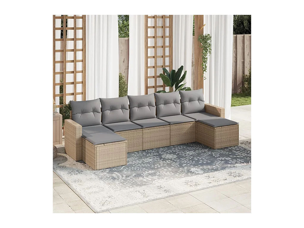 7-tlg. Garten-Sofagarnitur mit Kissen Beige Poly Rattan