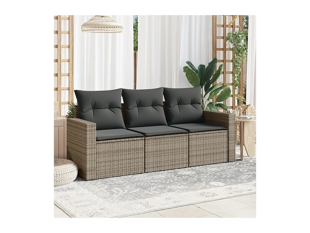 Salon de jardin avec coussins 3 pcs gris résine tressée