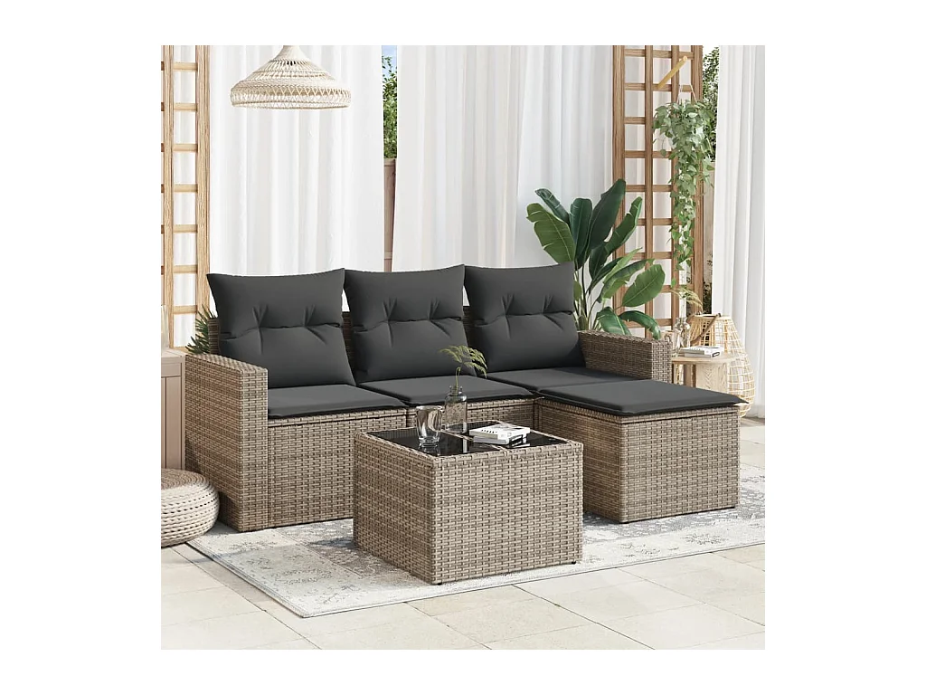 Salon de jardin 5 pcs avec coussins gris résine tressée