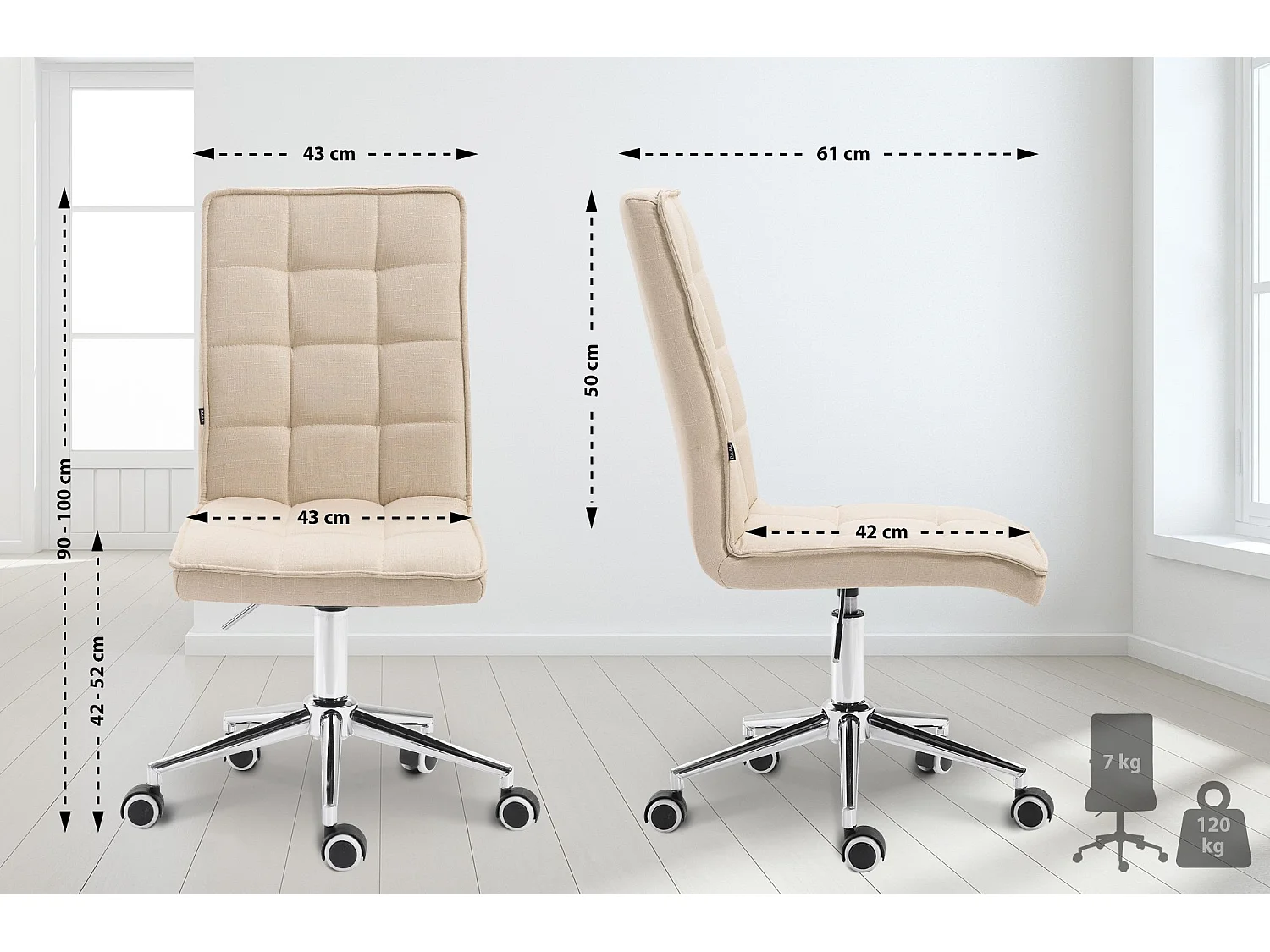 Tabouret de bureau - Tissu & Métal chromé - Crème - Peking V2