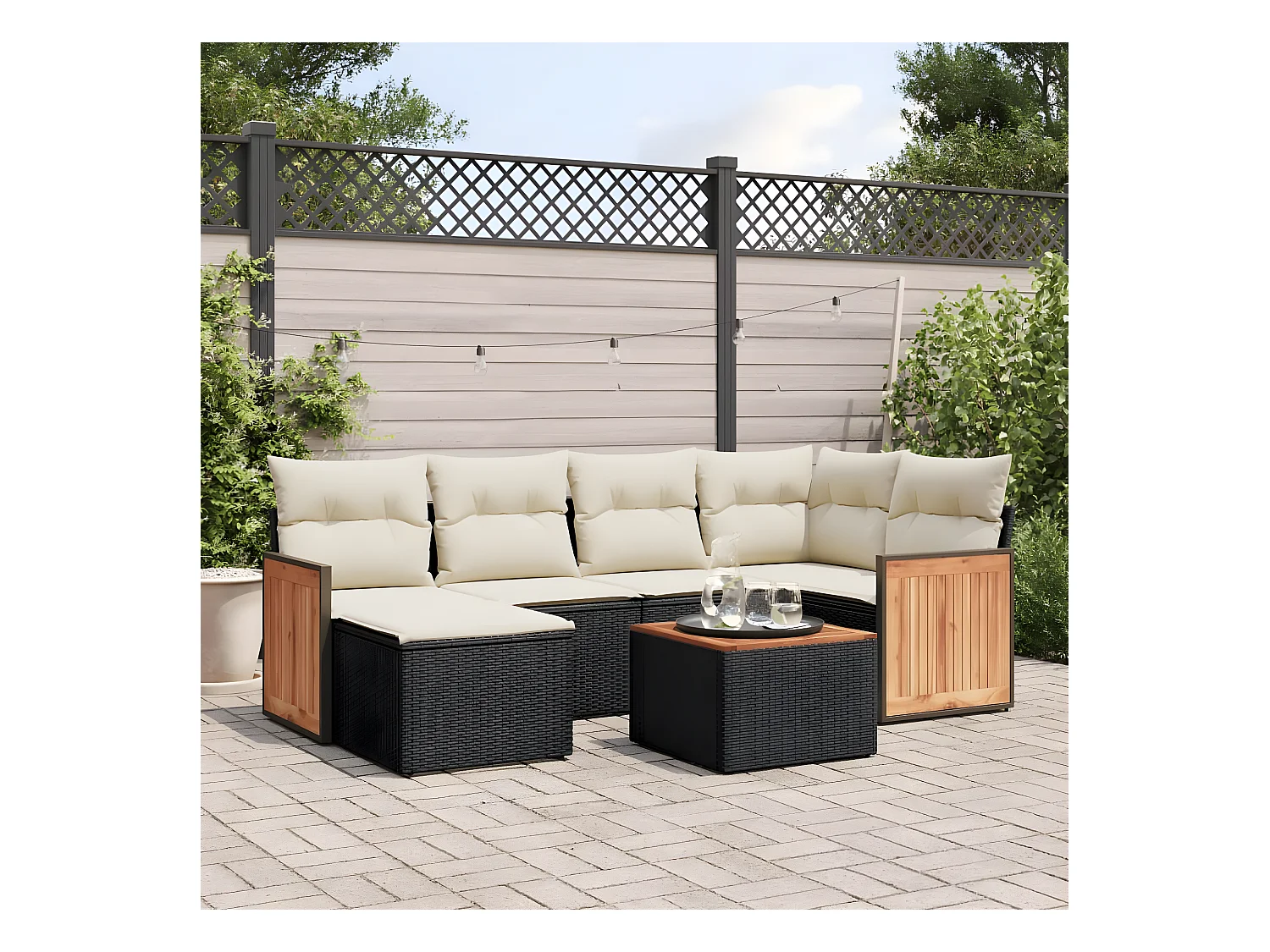 7-delige Loungeset met kussens poly rattan zwart