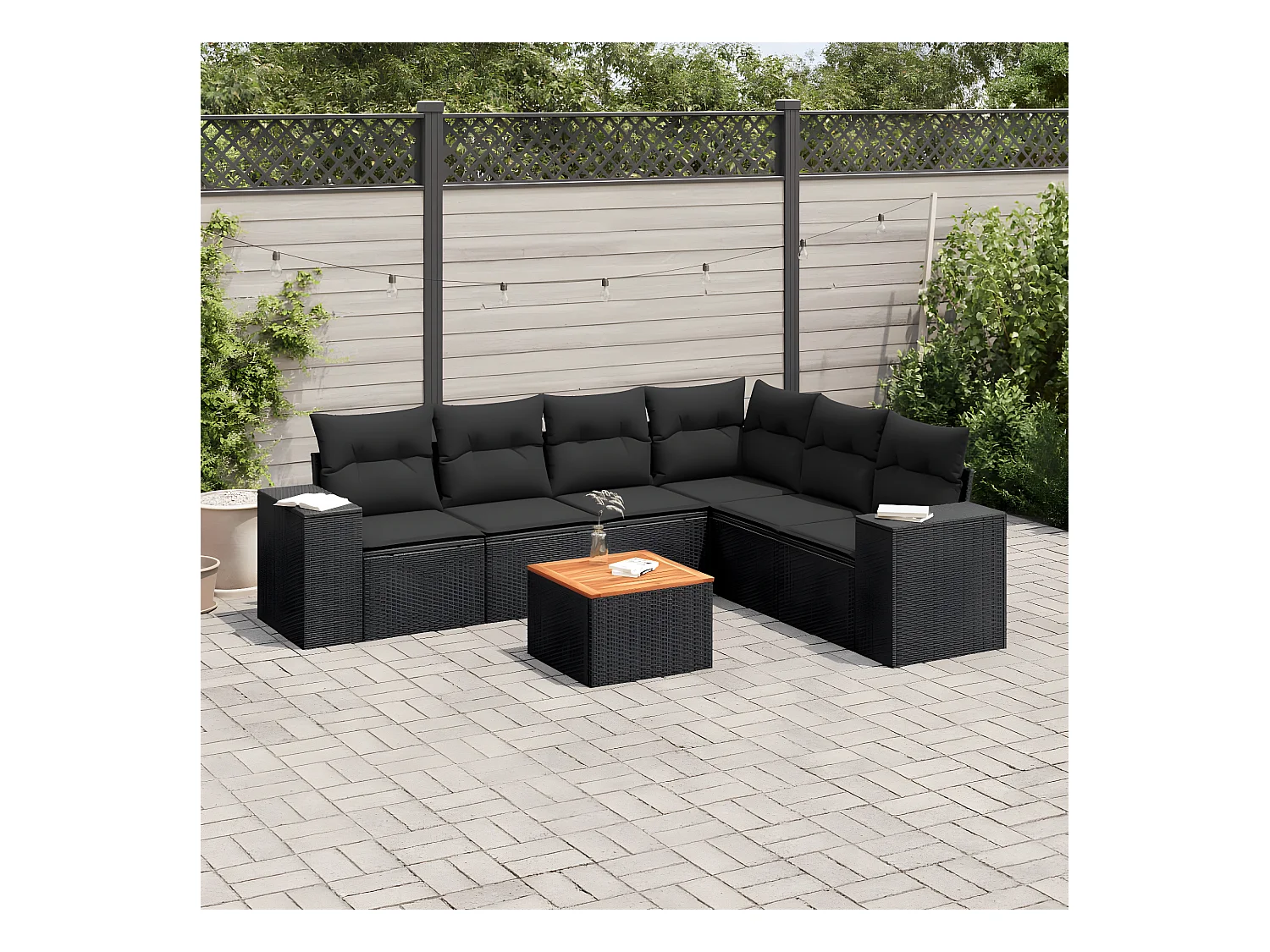 Salon de jardin 7 pcs avec coussins noir résine tressée