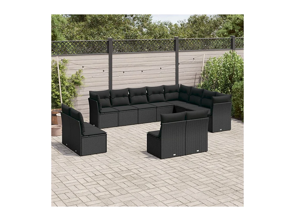Salon de jardin 12 pcs avec coussins noir résine tressée