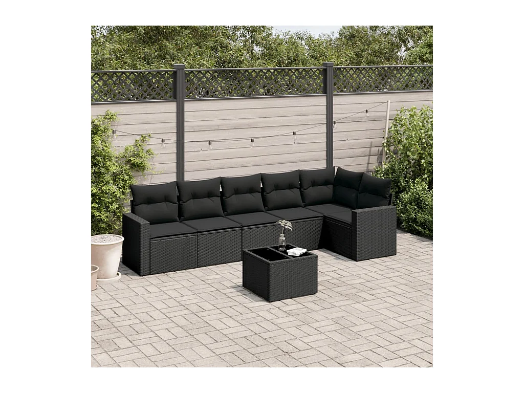 Set Divani da Giardino con Cuscini 7pz Nero Polyrattan