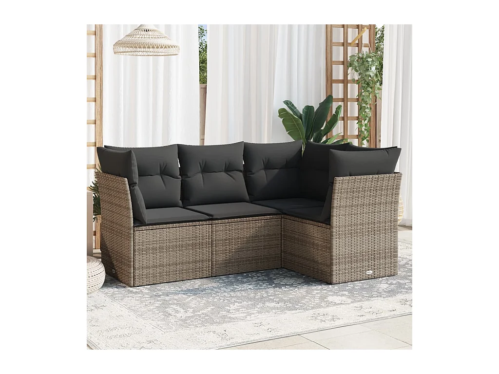 Salon de jardin 4 pcs avec coussins gris résine tressée