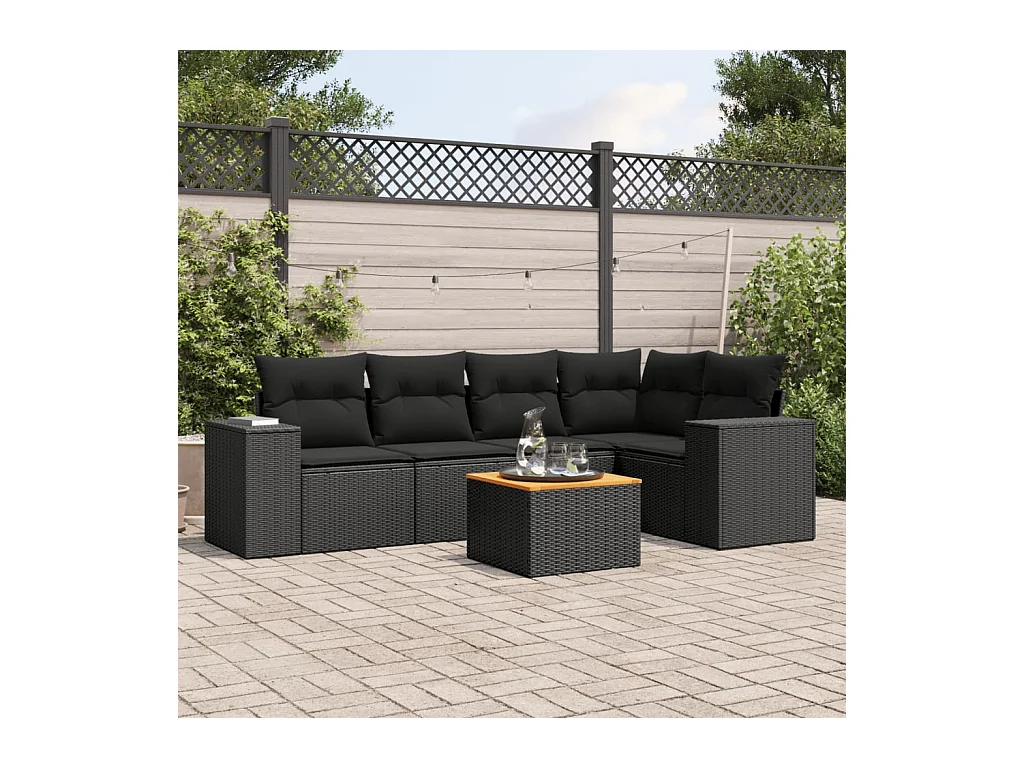 6-tlg. Garten-Sofagarnitur mit Kissen Schwarz Poly Rattan