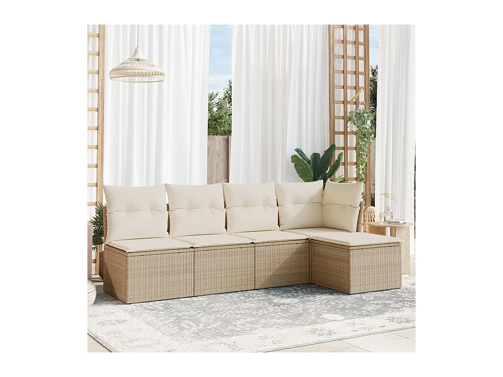 Set Divano da Giardino 5 pz con Cuscini Beige in Polyrattan