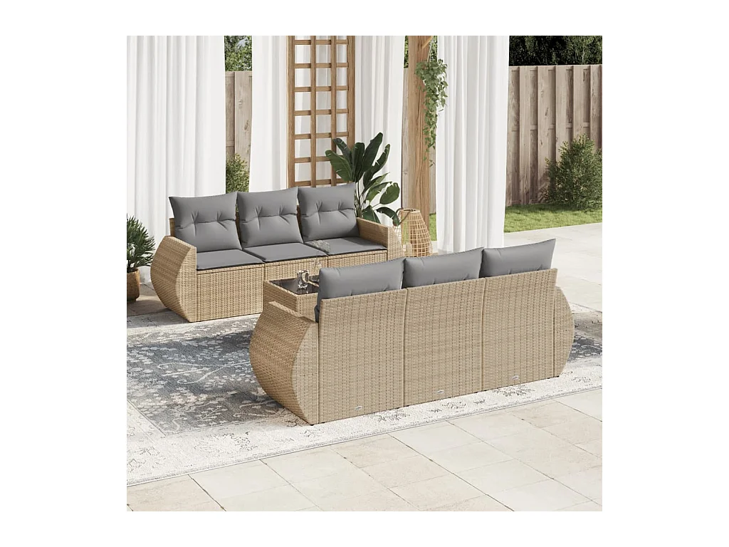Salon de jardin avec coussins 7 pcs beige résine tressée
