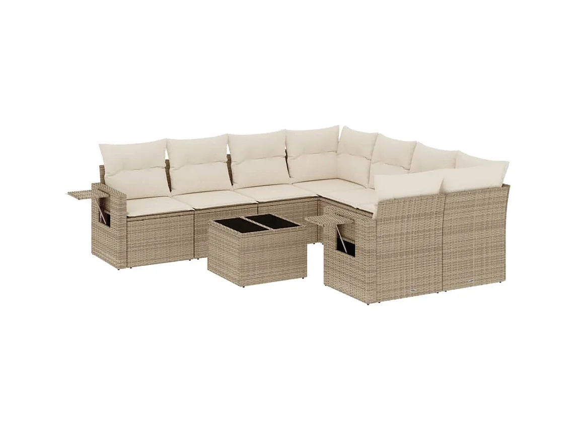 9-tlg. Garten-Sofagarnitur mit Kissen Beige Poly Rattan
