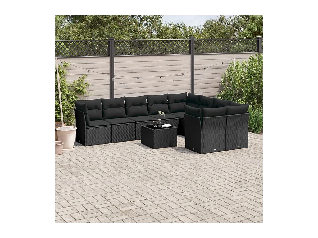 Salon de jardin 10 pcs avec coussins noir résine tressée