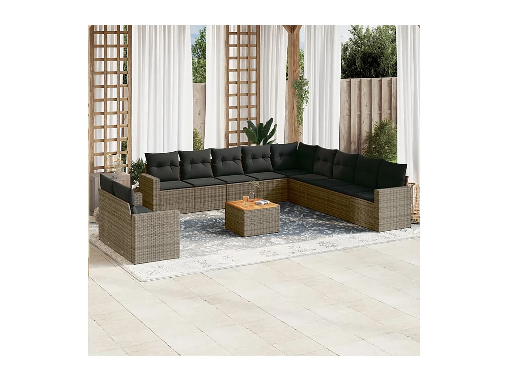 Salon de jardin avec coussins 12 pcs gris résine tressée