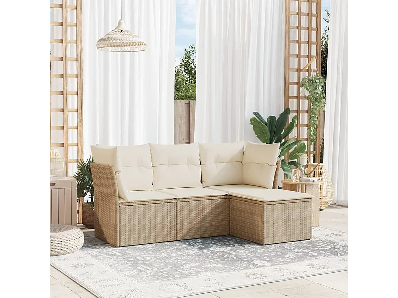 Set Divano da Giardino 4 pz con Cuscini Beige in Polyrattan