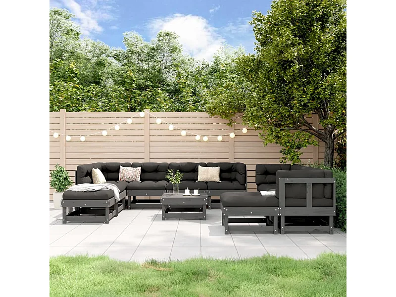 Salon de jardin 11 pcs Gris Bois de pin massif