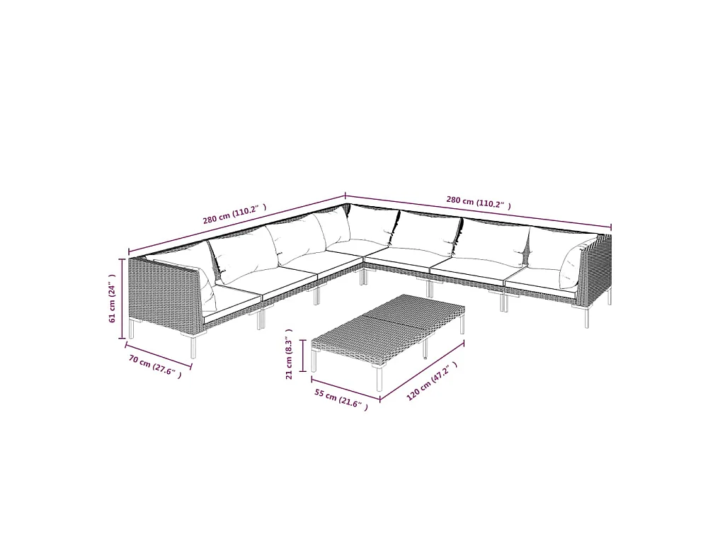 8-tlg. Garten-Lounge-Set mit Kissen Poly Rattan Dunkelgrau