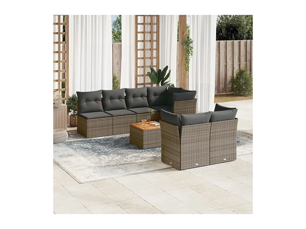 8-tlg. Garten-Sofagarnitur mit Kissen Grau Poly Rattan
