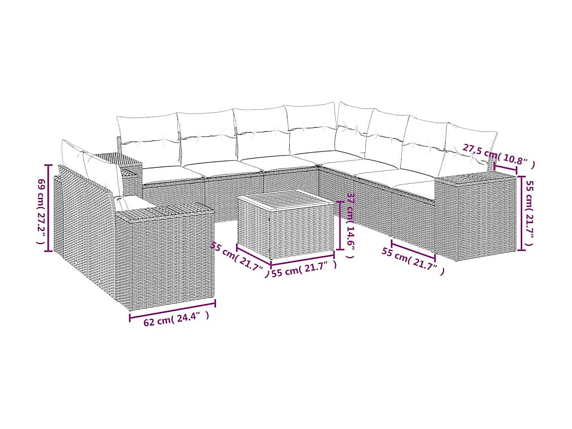 Set Divano da Giardino 10 pz con Cuscini Beige in Polyrattan