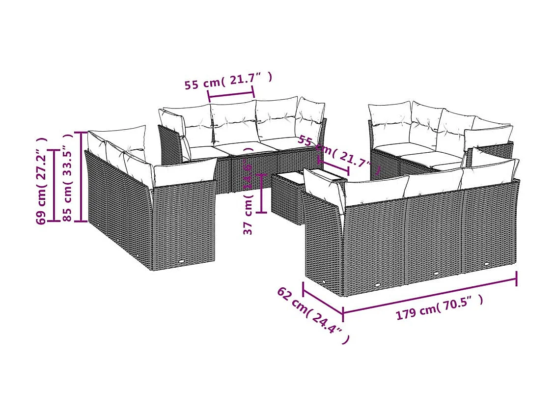 13 pcs conjunto de sofás p/ jardim com almofadões vime PE bege