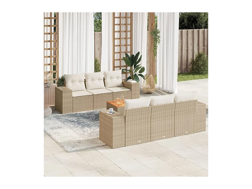 Salon de jardin avec coussins 7 pcs beige résine tressée