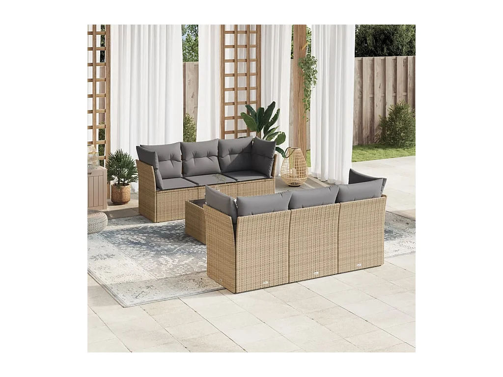 Set Divani da Giardino 7 pz con Cuscini Beige in Polyrattan