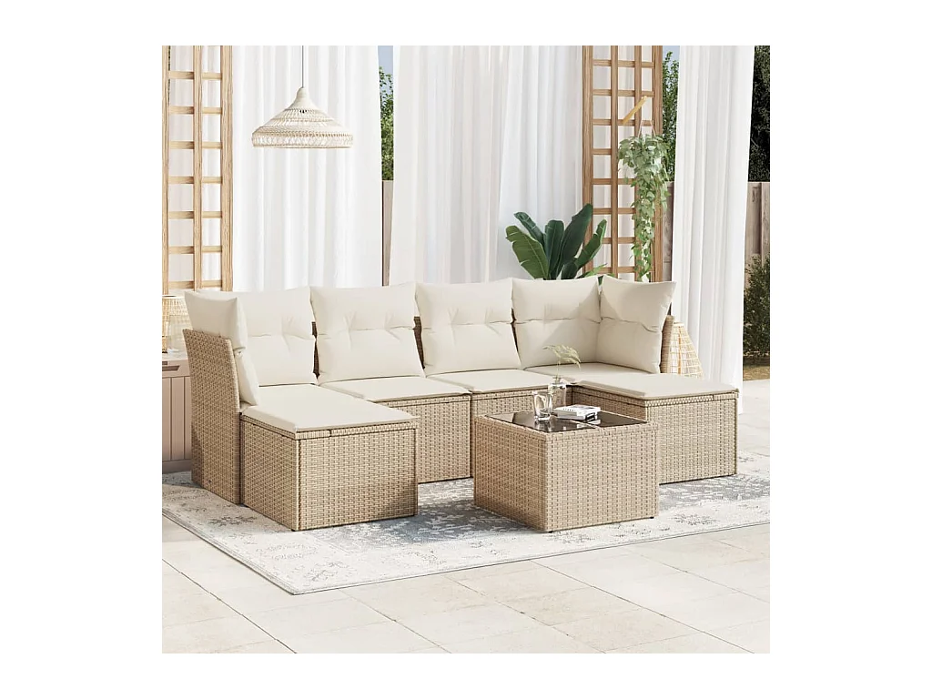 Set Divani da Giardino 7 pz con Cuscini Beige in Polyrattan