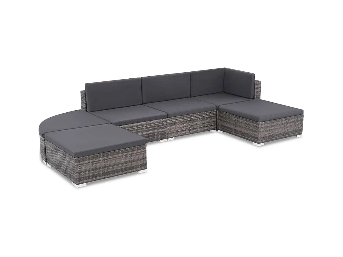 6-delige Loungeset met kussens poly rattan grijs