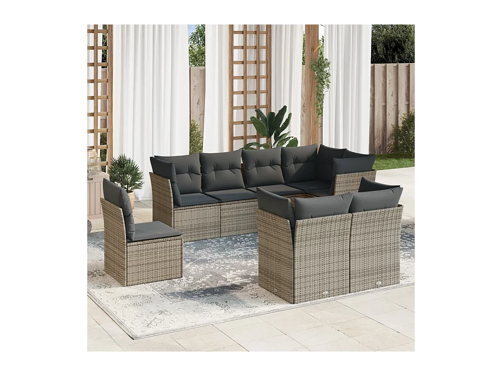 8-delige Loungeset met kussens poly rattan grijs