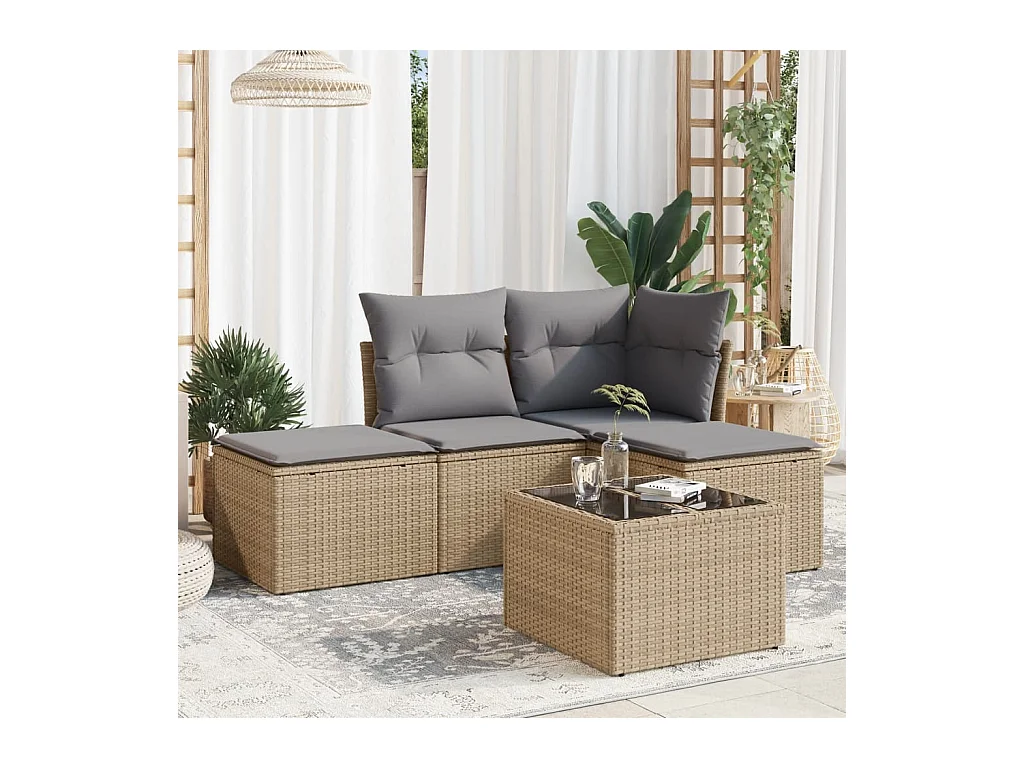 Salon de jardin avec coussins 5 pcs beige résine tressée