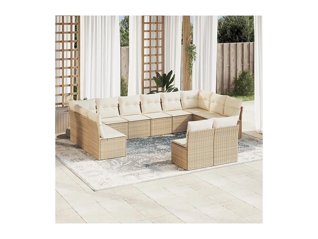 Salon de jardin avec coussins 12 pcs beige résine tressée