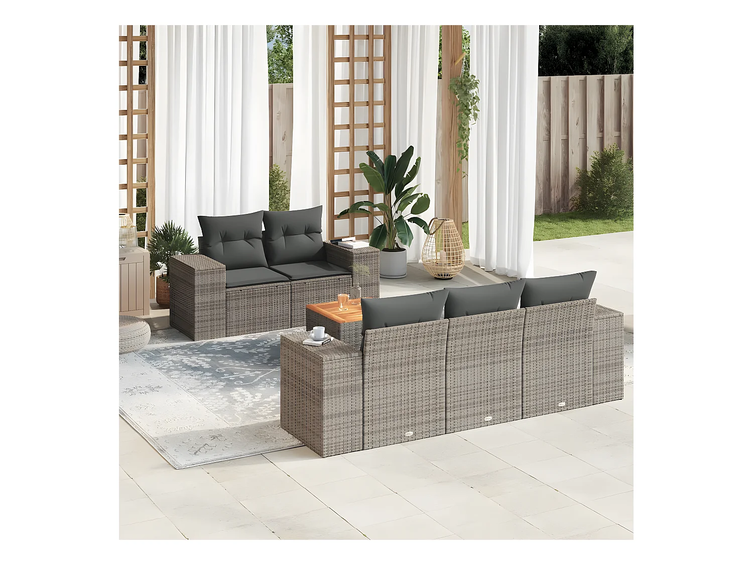 Salon de jardin 6 pcs avec coussins gris résine tressée