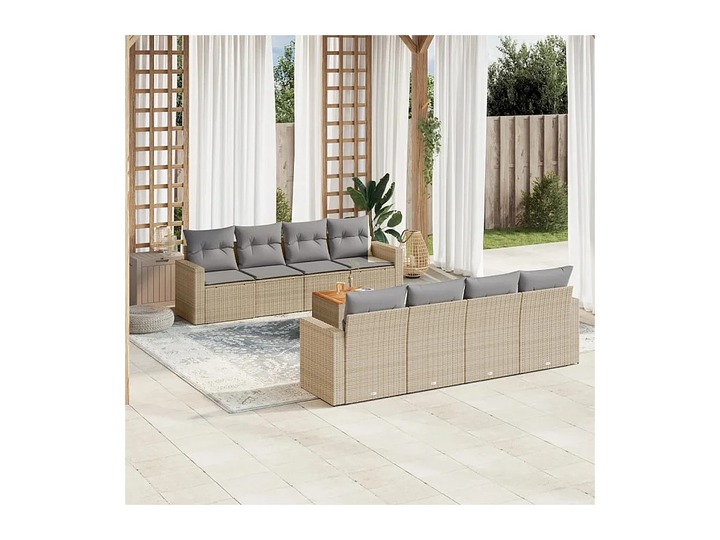 Set Divano da Giardino 9 pz con Cuscini Beige in Polyrattan