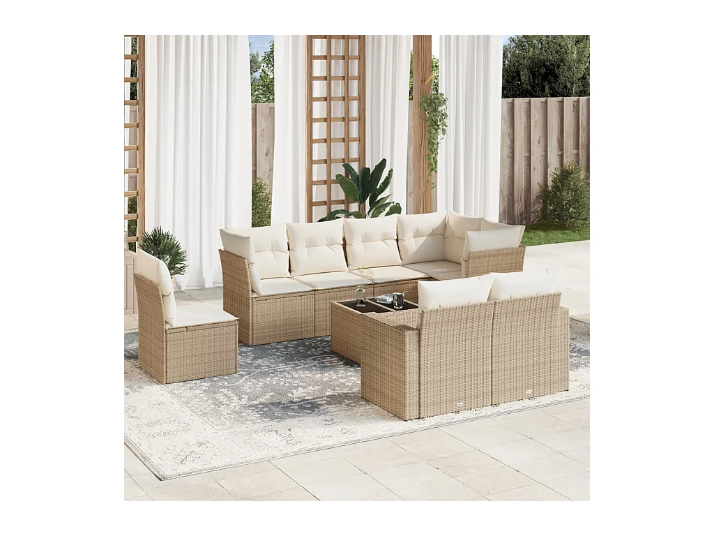 Salon de jardin avec coussins 9 pcs beige résine tressée