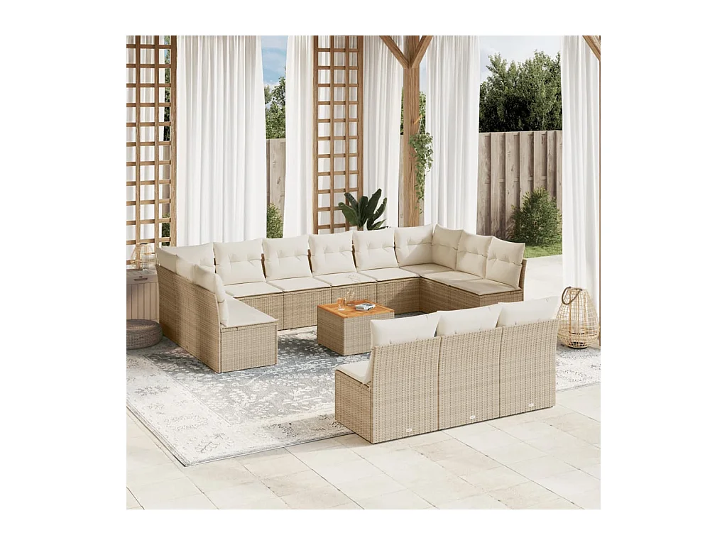 Salon de jardin avec coussins 14 pcs beige résine tressée