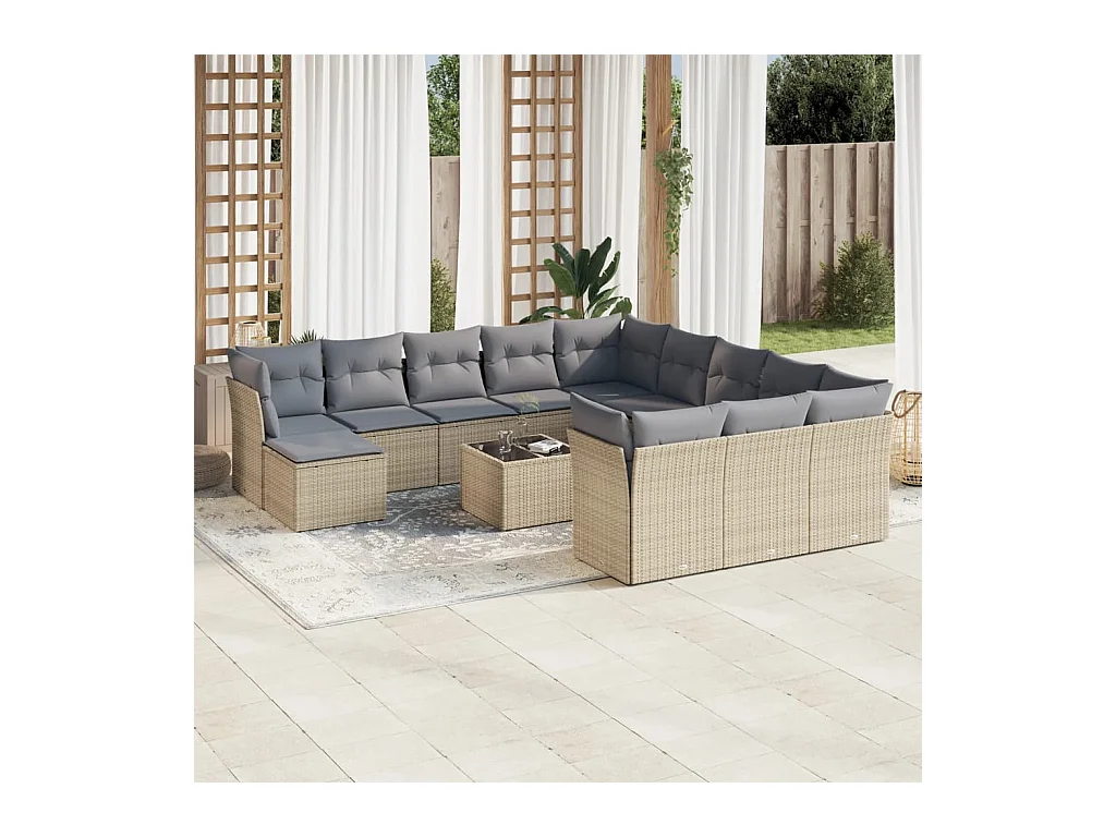 Salon de jardin avec coussins 13 pcs beige résine tressée