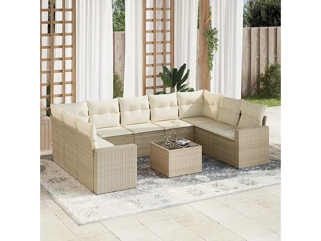 10-delige Loungeset met kussens poly rattan beige