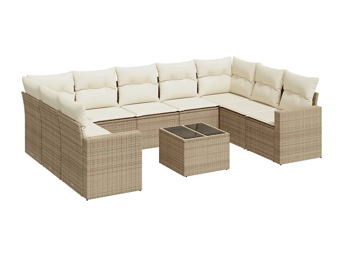 10-delige Loungeset met kussens poly rattan beige