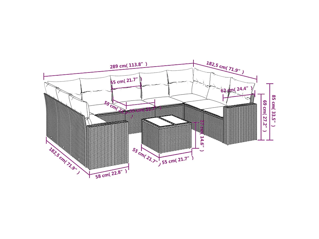 10-delige Loungeset met kussens poly rattan beige
