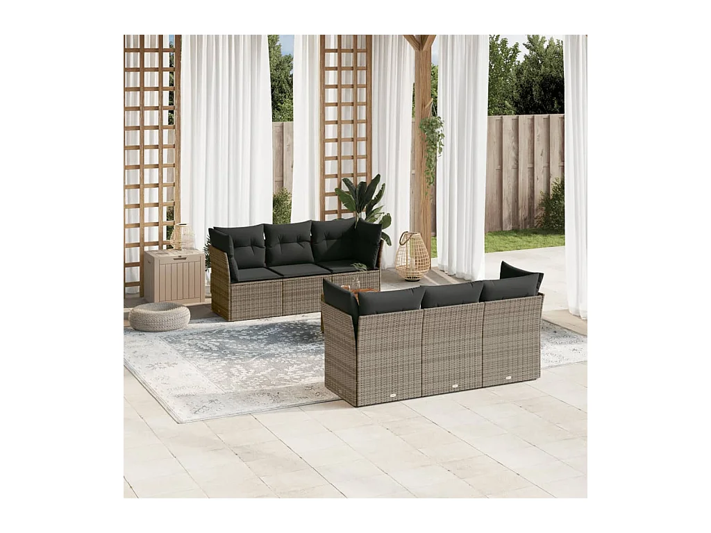 Salon de jardin avec coussins 7 pcs gris résine tressée