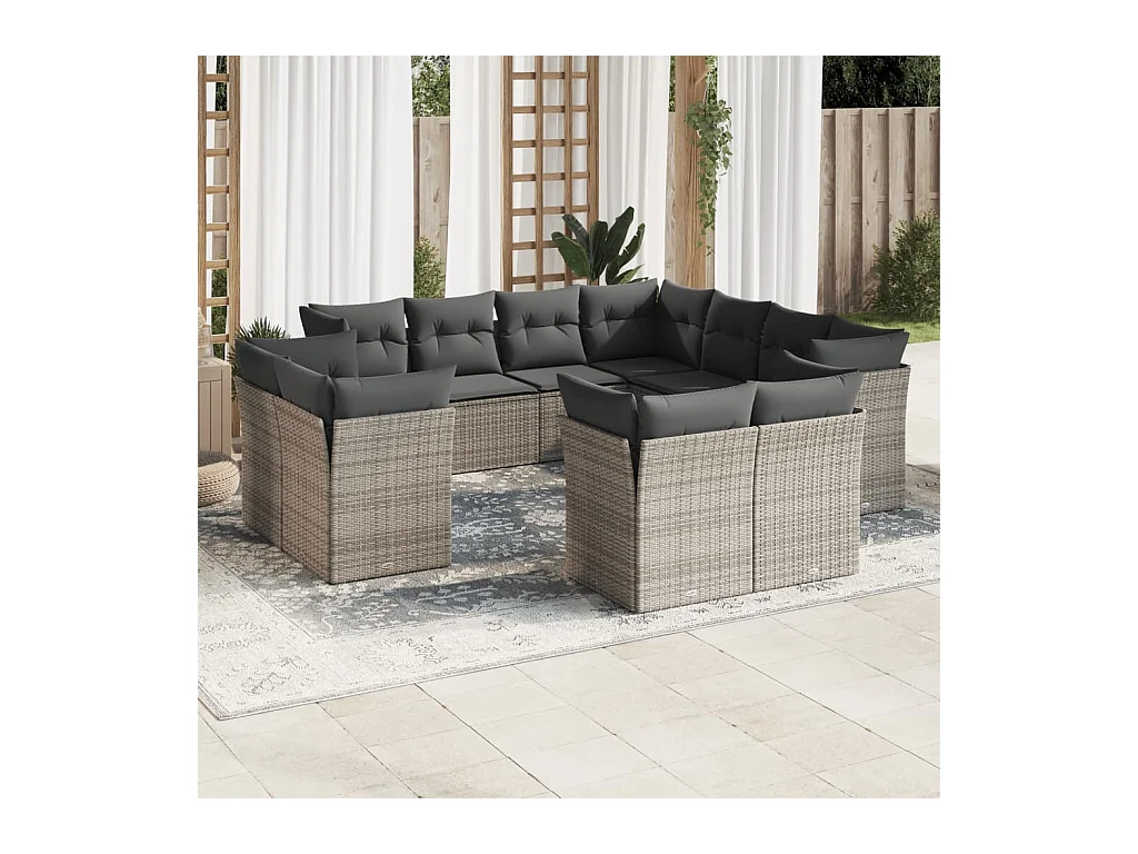 Set Divani da Giardino 11 pz con Cuscini in Polyrattan Grigio