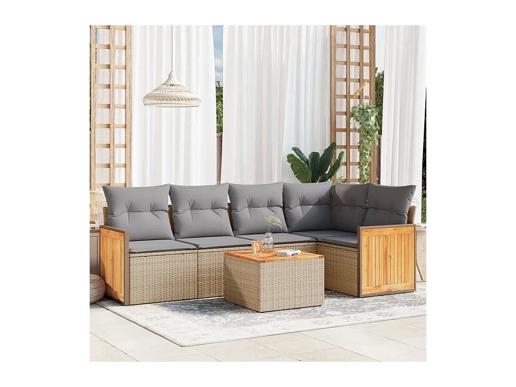 6-tlg. Garten-Sofagarnitur mit Kissen Beige Poly Rattan