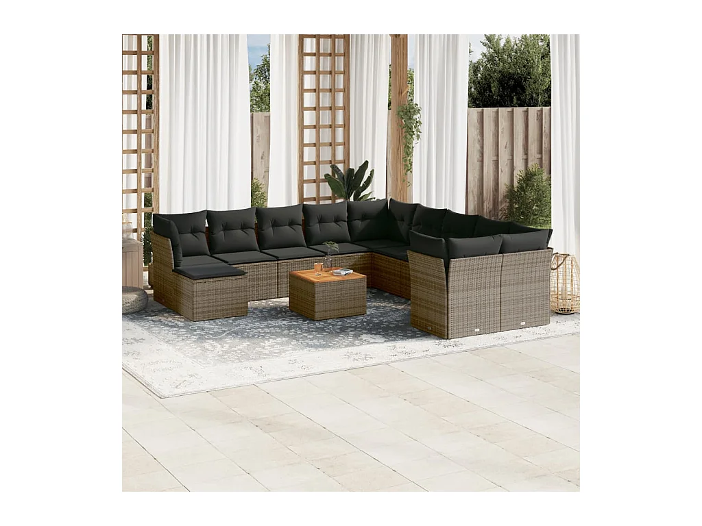 Salon de jardin avec coussins 12 pcs gris résine tressée