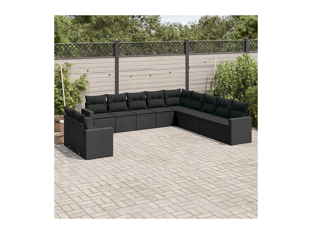 11-delige Loungeset met kussens poly rattan zwart