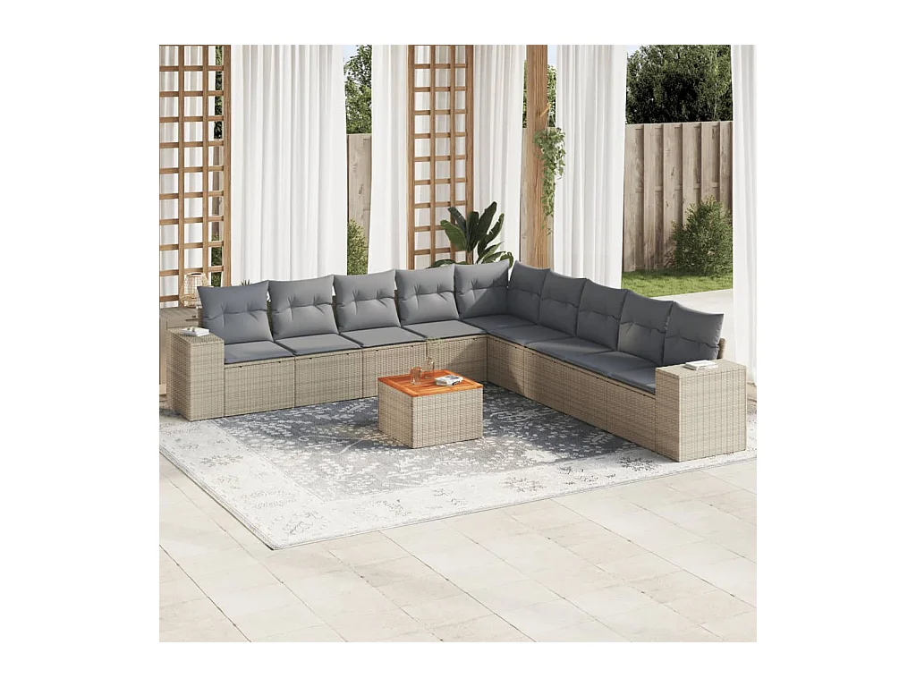Salon de jardin avec coussins 10 pcs beige résine tressée